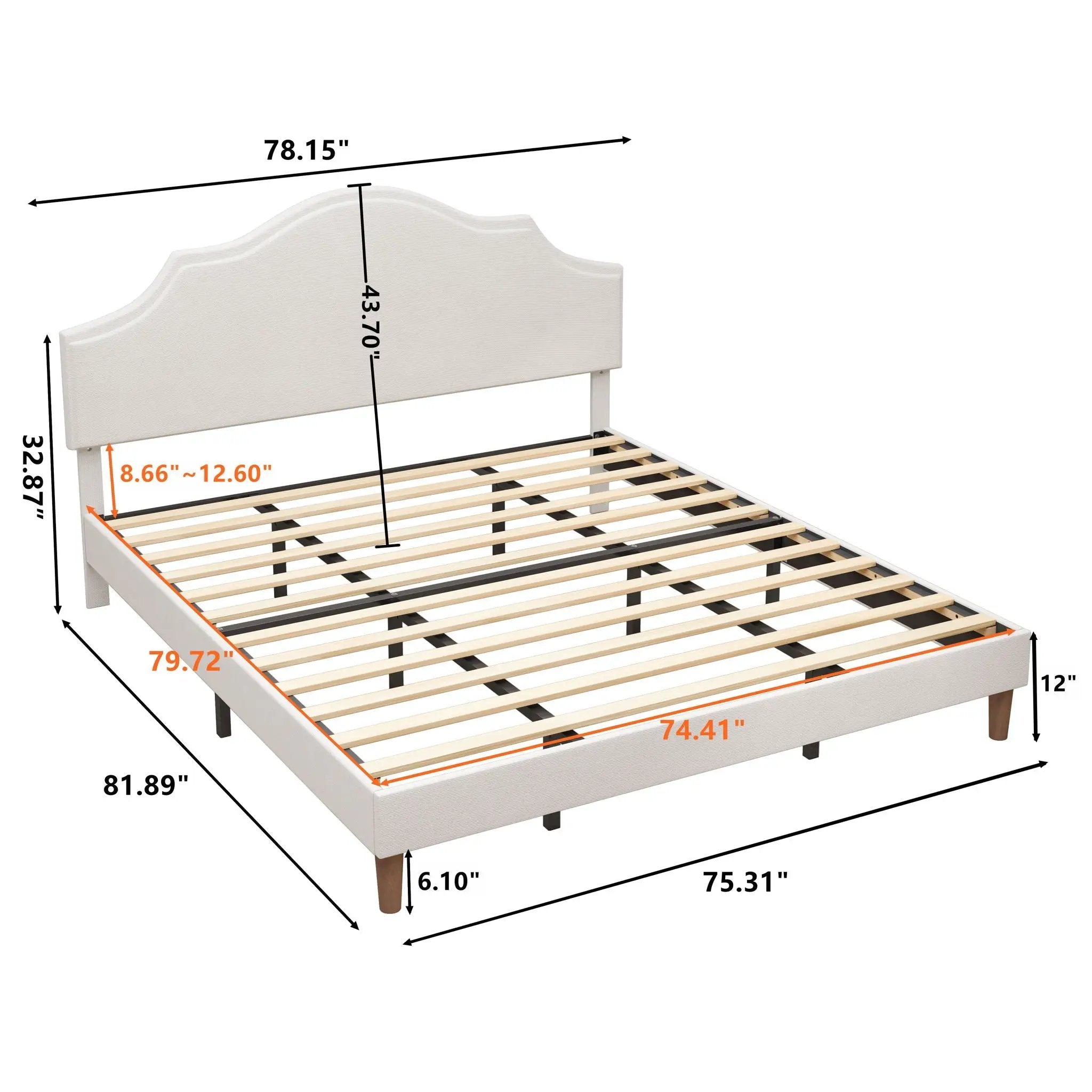 King Size, Upholstered Platform Bed Frame With Adjustable Headboard, No Box Spring Needed - White by HouseOfZazla