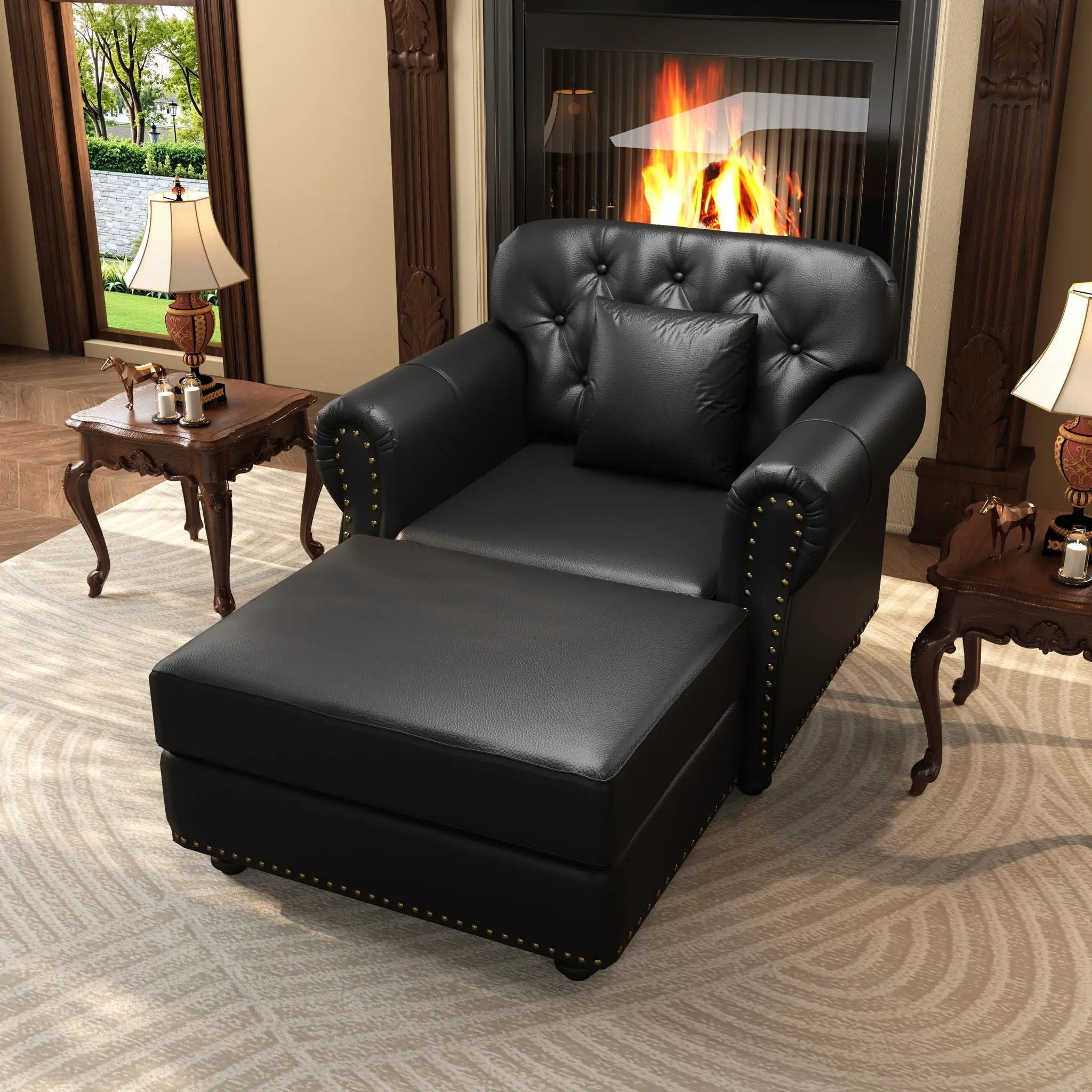 Upholstered Sofa With Nailhead Trim, Rolled Armrests With Ottoman by HouseOfZazla