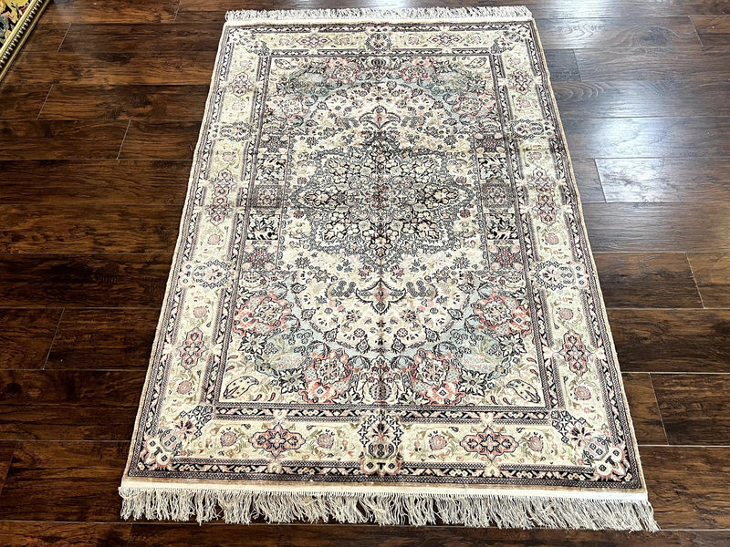 Silk Indian Kashmiri Rug 4x6, Handmade, Ivory, Fine 240 KPSI by Jewel Rugs