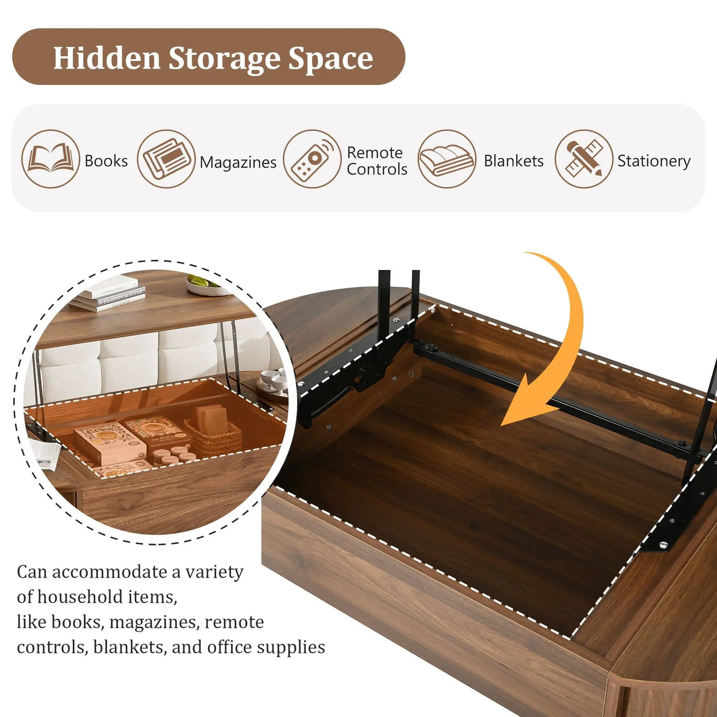 Lift Top Coffee Table With Hidden Compartment, Modern Oval Lift Tabletop For Home Living Room by Unique Piece Furniture