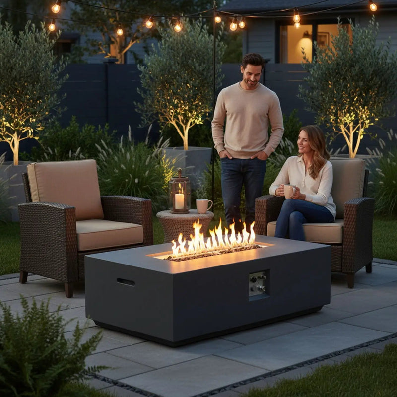 Volon - Rectangular Fire Pit Table, Propane Powered, 50,000 BTU - Light Gray by HouseOfZazla