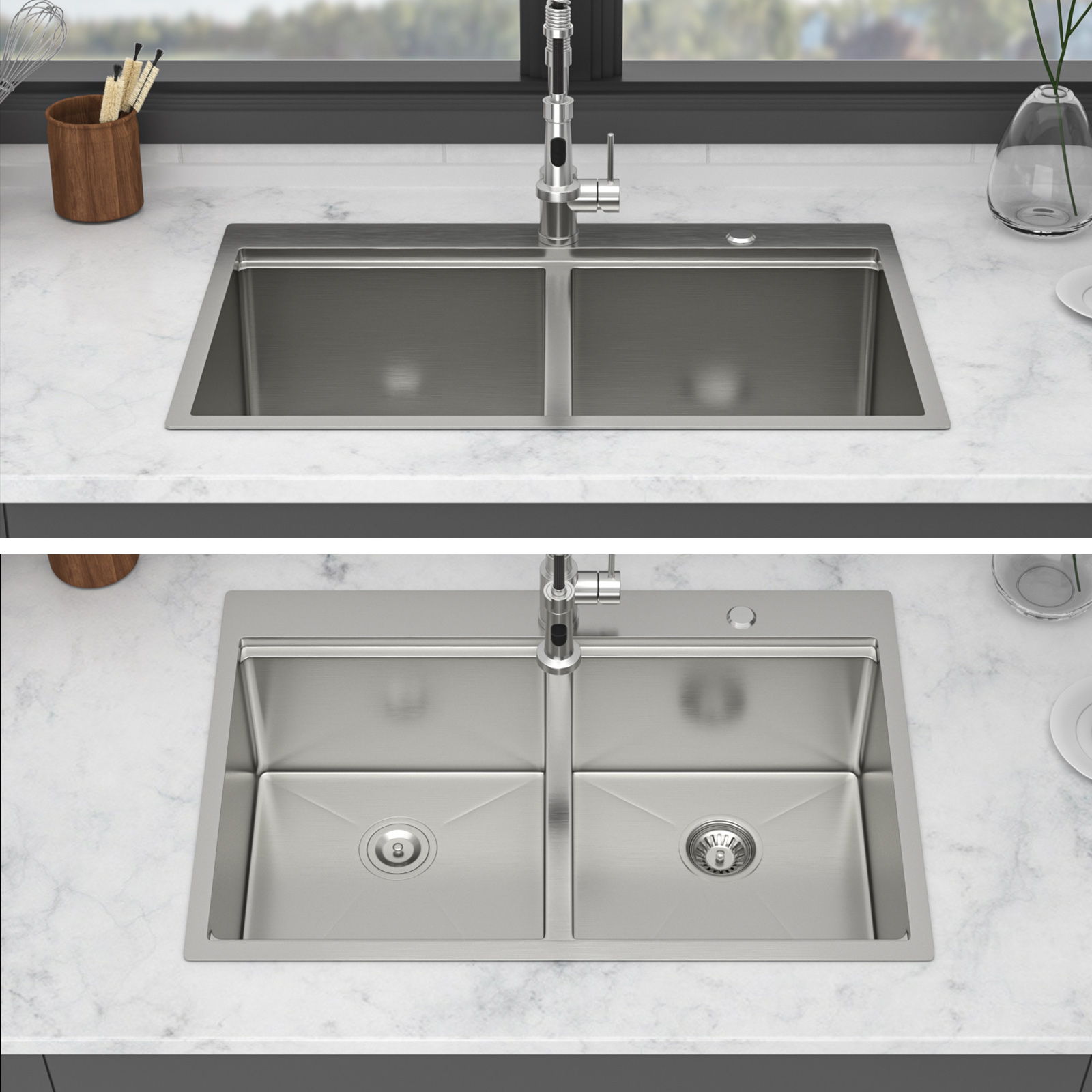 Topmount Drop In Kitchen Sink, Double Bowl 50 / 50 - Brushed Nickel by HouseOfZazla