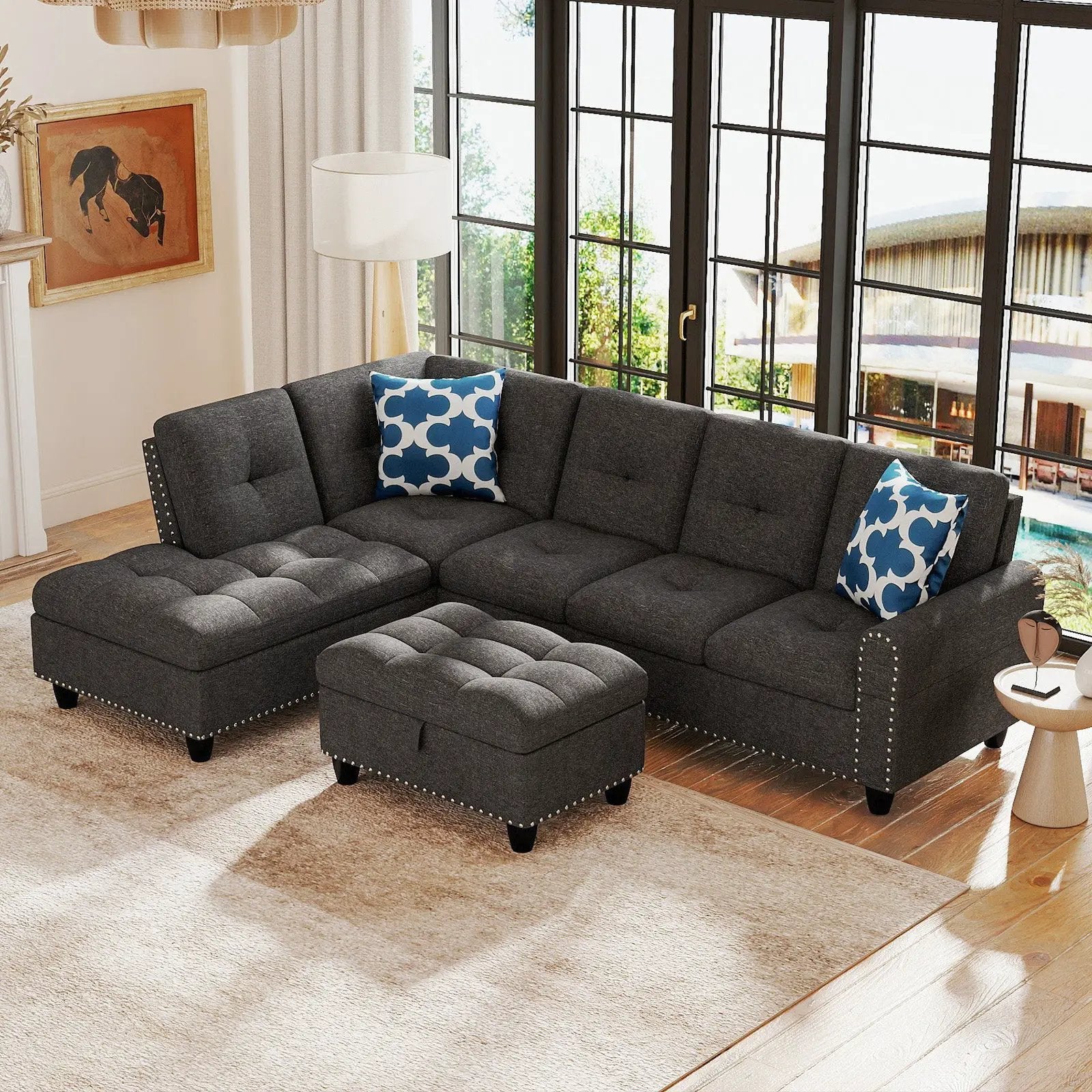 98 Inches Sectional Sofa Couch with Movable Storage Ottoman and Linen Fabric Backs by DirectDeals