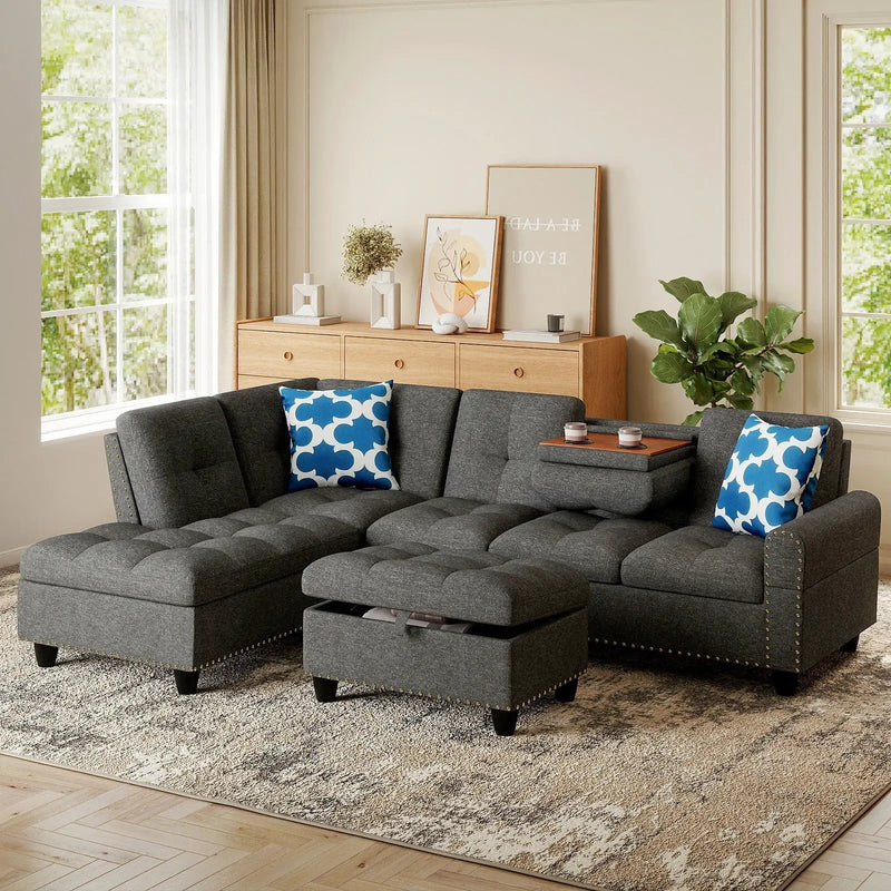 98 Inches Sectional Sofa Couch with Movable Storage Ottoman and Linen Fabric Backs by DirectDeals