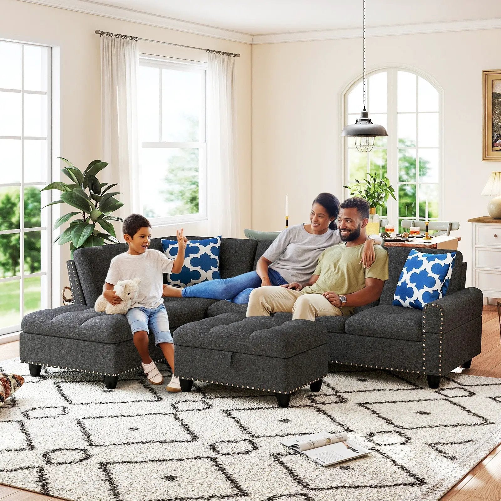 98 Inches Sectional Sofa Couch with Movable Storage Ottoman and Linen Fabric Backs by DirectDeals
