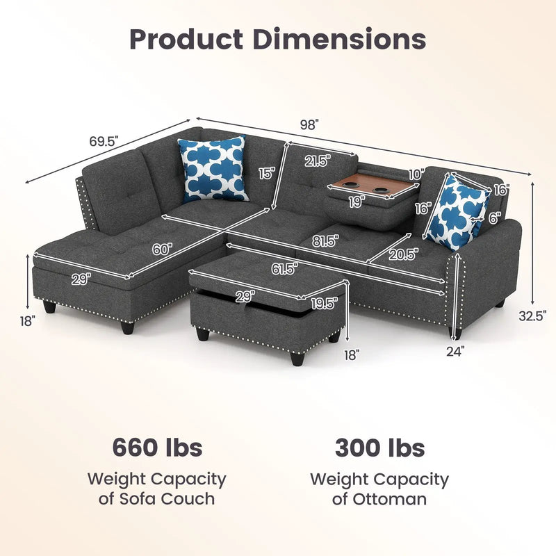 98 Inches Sectional Sofa Couch with Movable Storage Ottoman and Linen Fabric Backs by DirectDeals