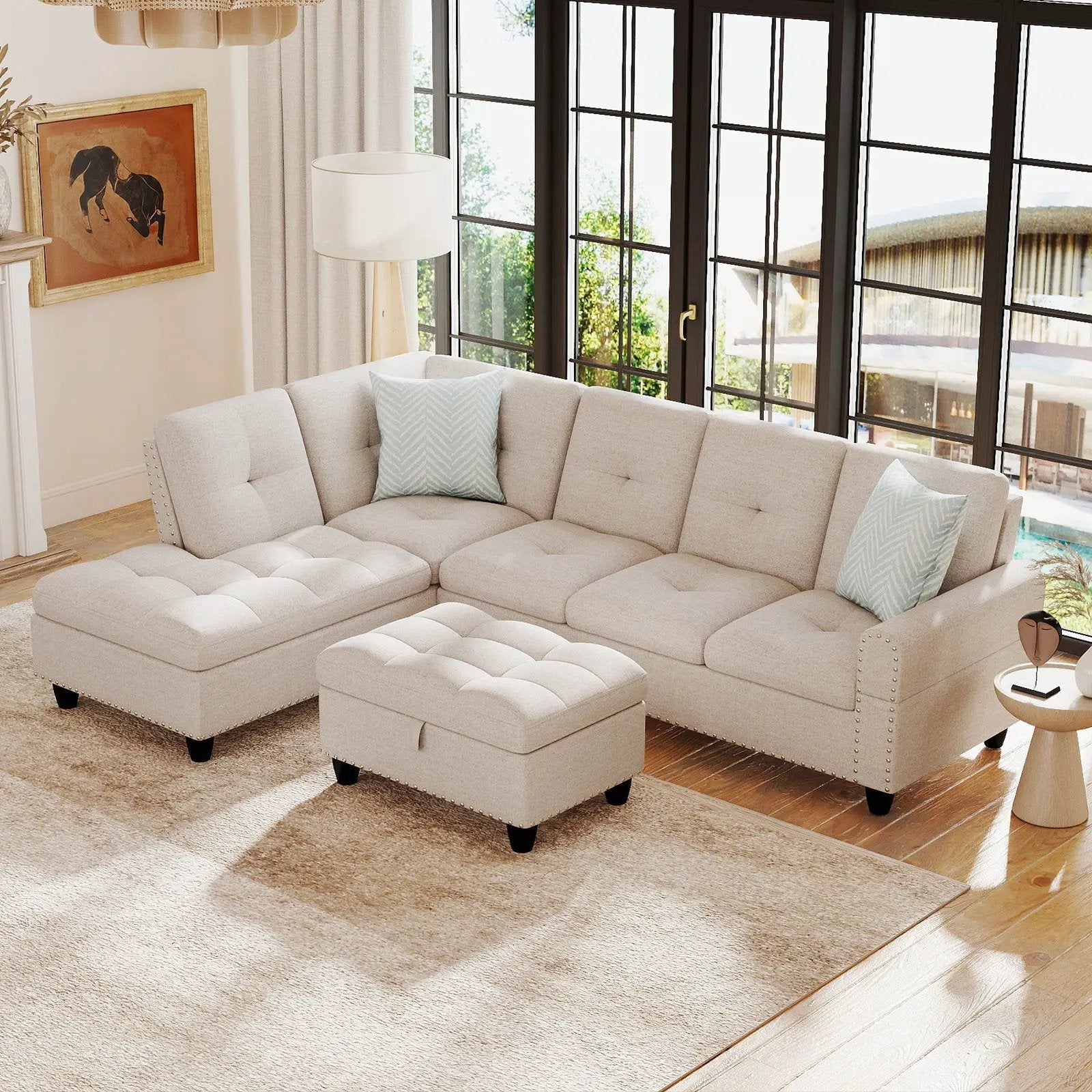 98 Inches Sectional Sofa Couch with Movable Storage Ottoman and Linen Fabric Backs by DirectDeals