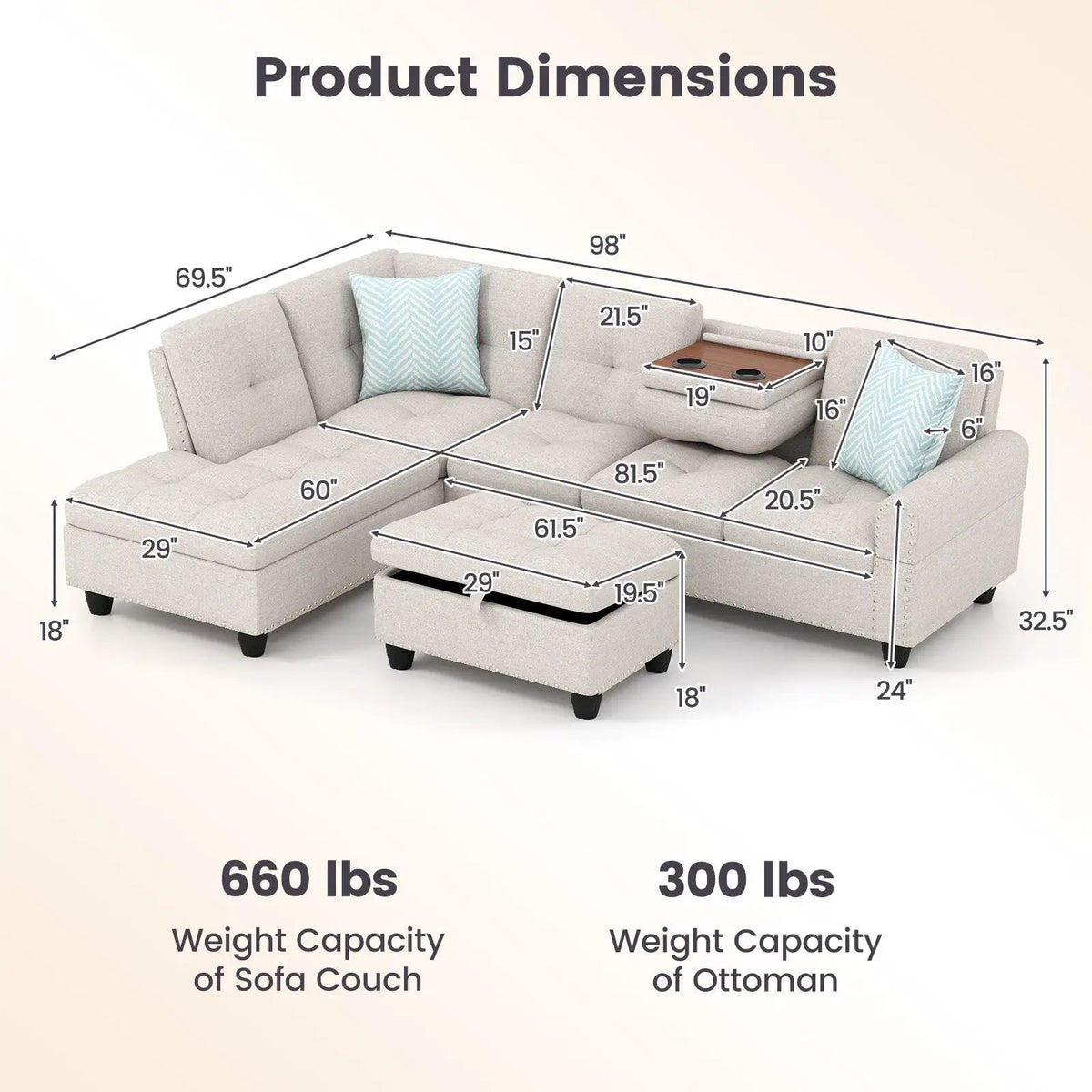 98 Inches Sectional Sofa Couch with Movable Storage Ottoman and Linen Fabric Backs, photo 7 of 16