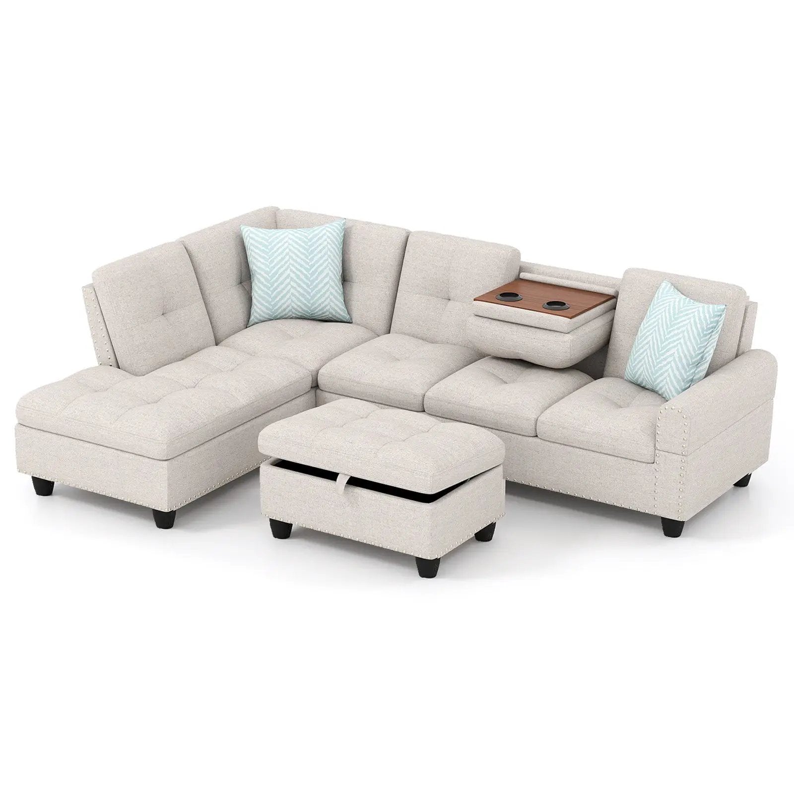 98 Inches Sectional Sofa Couch with Movable Storage Ottoman and Linen Fabric Backs by DirectDeals