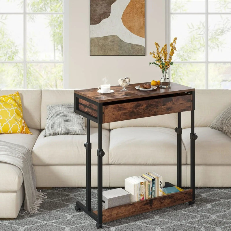 Portable Laptop Desk With Drawer & Wheels, Height Adjustable, Storage Shelf - Brown / Black by HouseOfZazla