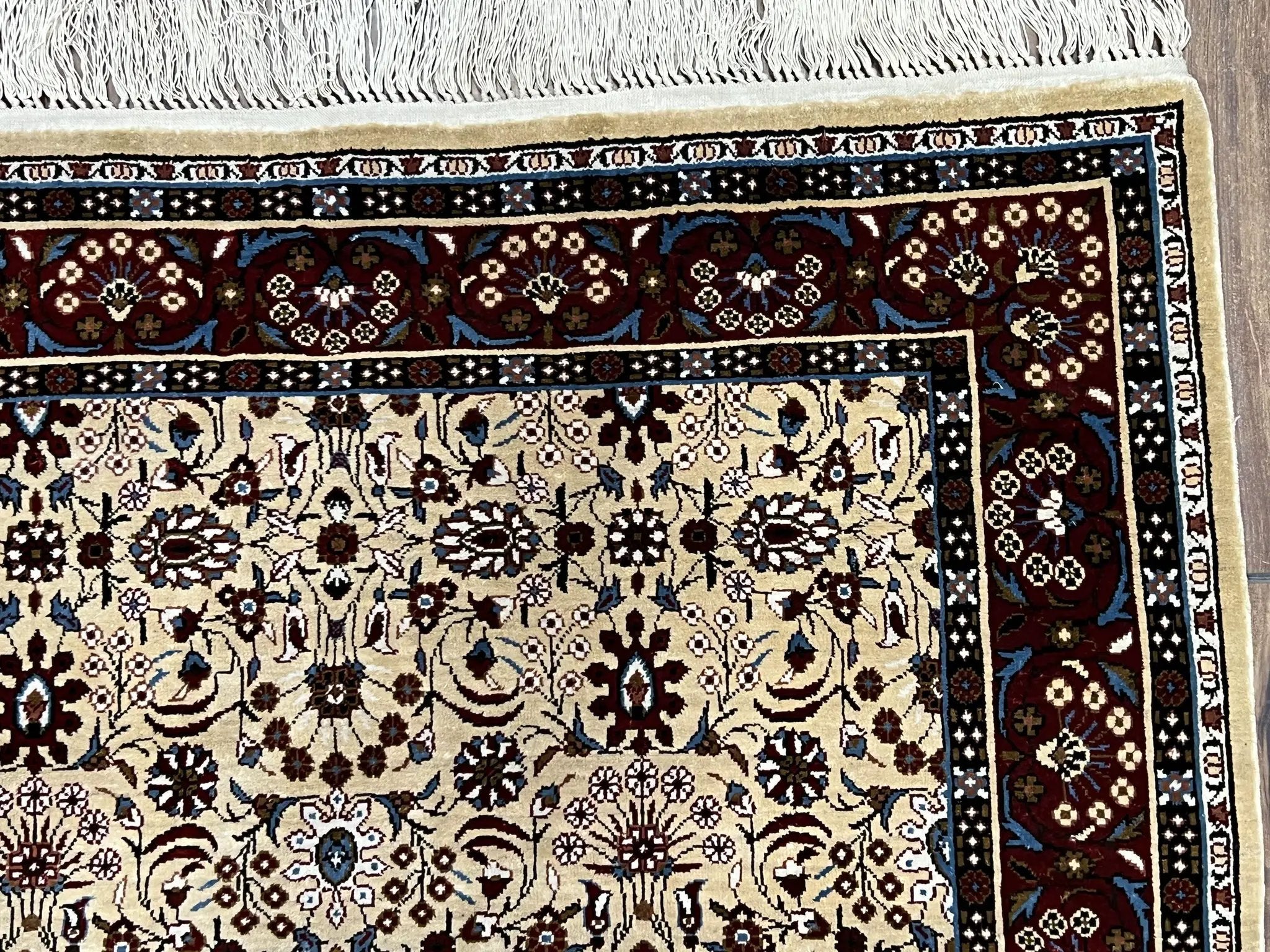Fine Sino-Persian Silk Rug 3x5, High Quality Silk Carpet, Handmade Small Silk Rug, Allover Repeated Motif, Tan Maroon Blue Vintage Silk Rug by Jewel Rugs