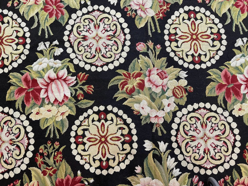9x12 Black Needlepoint Rug, European Floral Panel Design, Handwoven, Vintage Chinese Needlepoint, Black Green Beige, Wool Rug 9 x 12 by Jewel Rugs