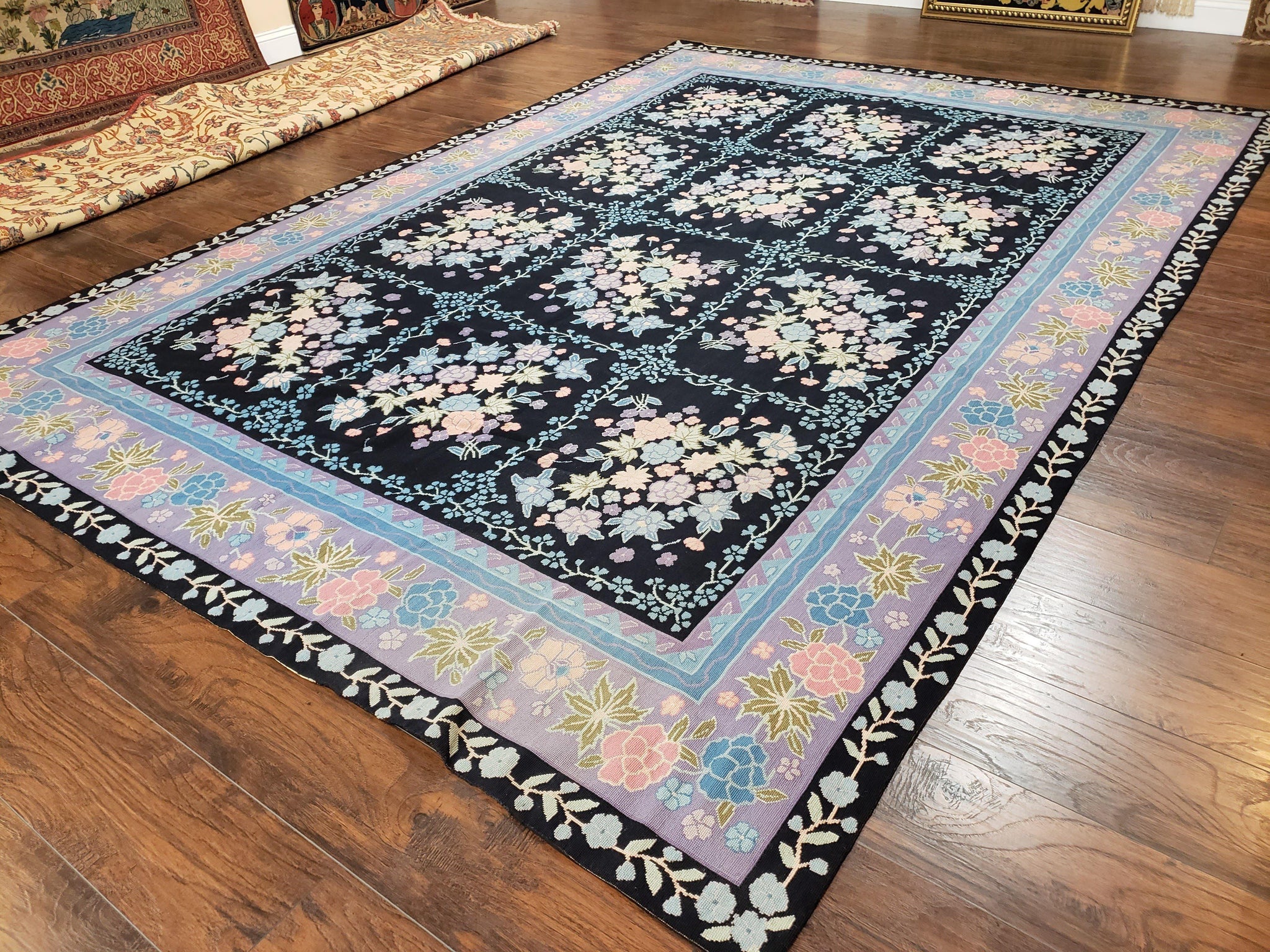 Chinese Needlepoint Rug 8 x 11.4, Hand-Woven Area Carpet, Flatweave Rug, Black Blue Light Violet Floral Garden European Design Wool Aubusson by Jewel Rugs