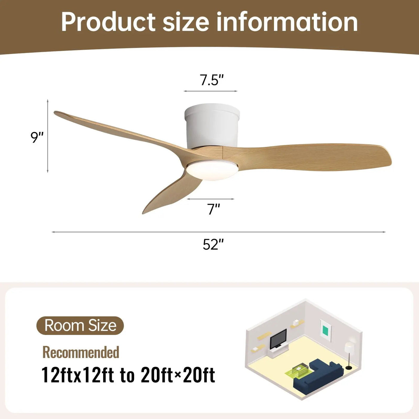 Flush Mount Ceiling Fan With Dimmable LED Light, 3 Blades, Reversible DC Motor by HouseOfZazla