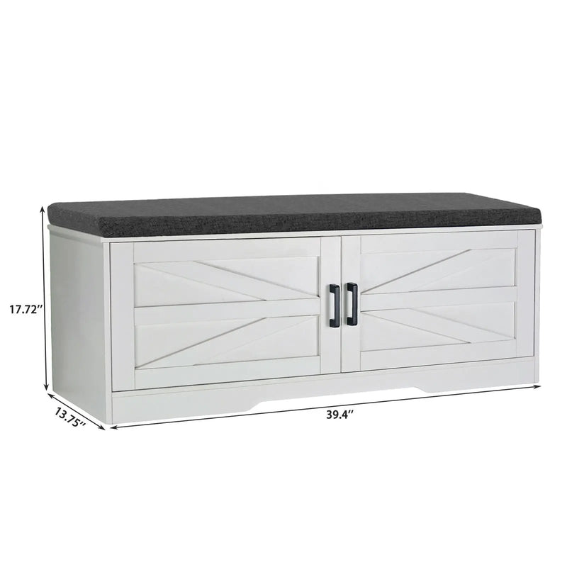 2 Tier Shoe Bench With Padded Seat, 2 Barn Doors And Adjustable Shelves, For Entryway And Living Room - White by HouseOfZazla