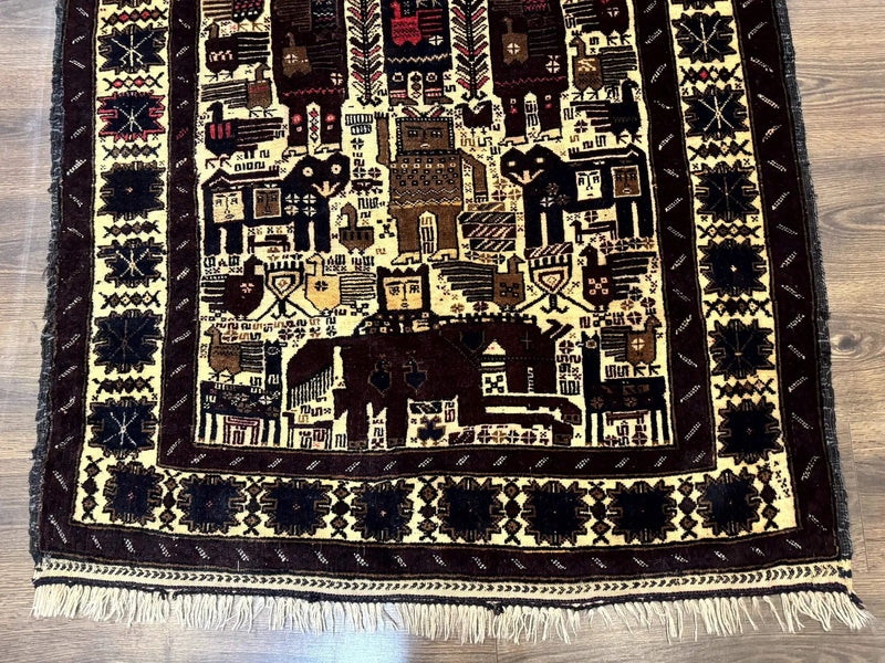 Persian Baluch Tribal Rug 4x6, Human and Bird Pictorials, Vintage, Wool, Collectible by Jewel Rugs