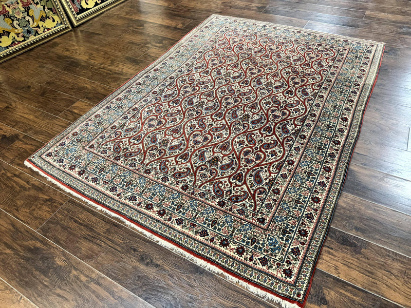 Unique Persian Qum Rug 5x7, Repeated Paisely Boteh Design, Ivory Red Blue, Handmade Antique Wool Persian Carpet, Finely Hand Knotted by Jewel Rugs