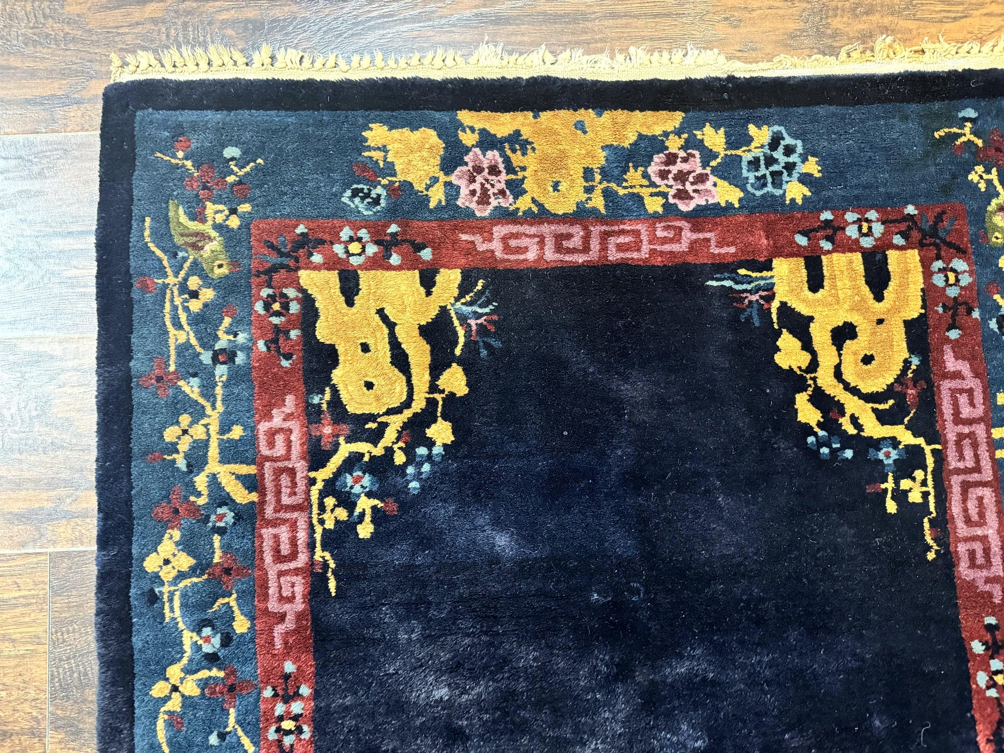 Antique Chinese Peking Rug 3x6, Dark Blue, Bird Motif, Handmade Wool Art Deco Asian Oriental Carpet, Pair B by Jewel Rugs