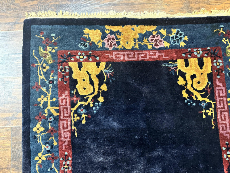 Antique Chinese Peking Rug 3x6, Dark Blue, Bird Motif, Handmade Wool Art Deco Asian Oriental Carpet, Pair B by Jewel Rugs