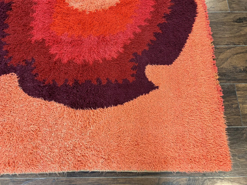 Danish Rya Shag Rug 4x6, Mid Century 1960s Retro Vintage Wool Rug, Shades of Red by Jewel Rugs