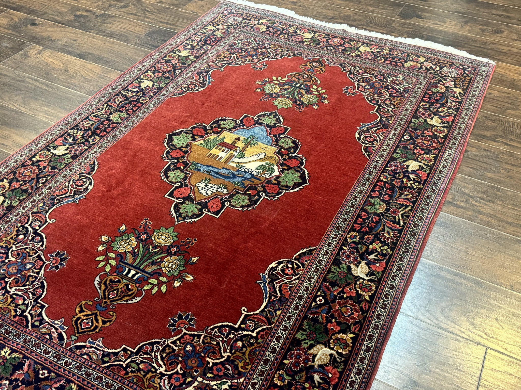 Red Persian Kashan Rug 4x6, Very Fine 260 KPSI, Red and Navy Blue Persian Carpet, Semi Open Field by Jewel Rugs