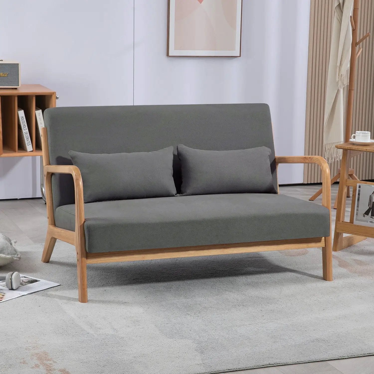 Leisure Chair With Solid Wood Armrest And Feet, Mid-Century Modern Accent Sofa, 2 Seat by HouseOfZazla
