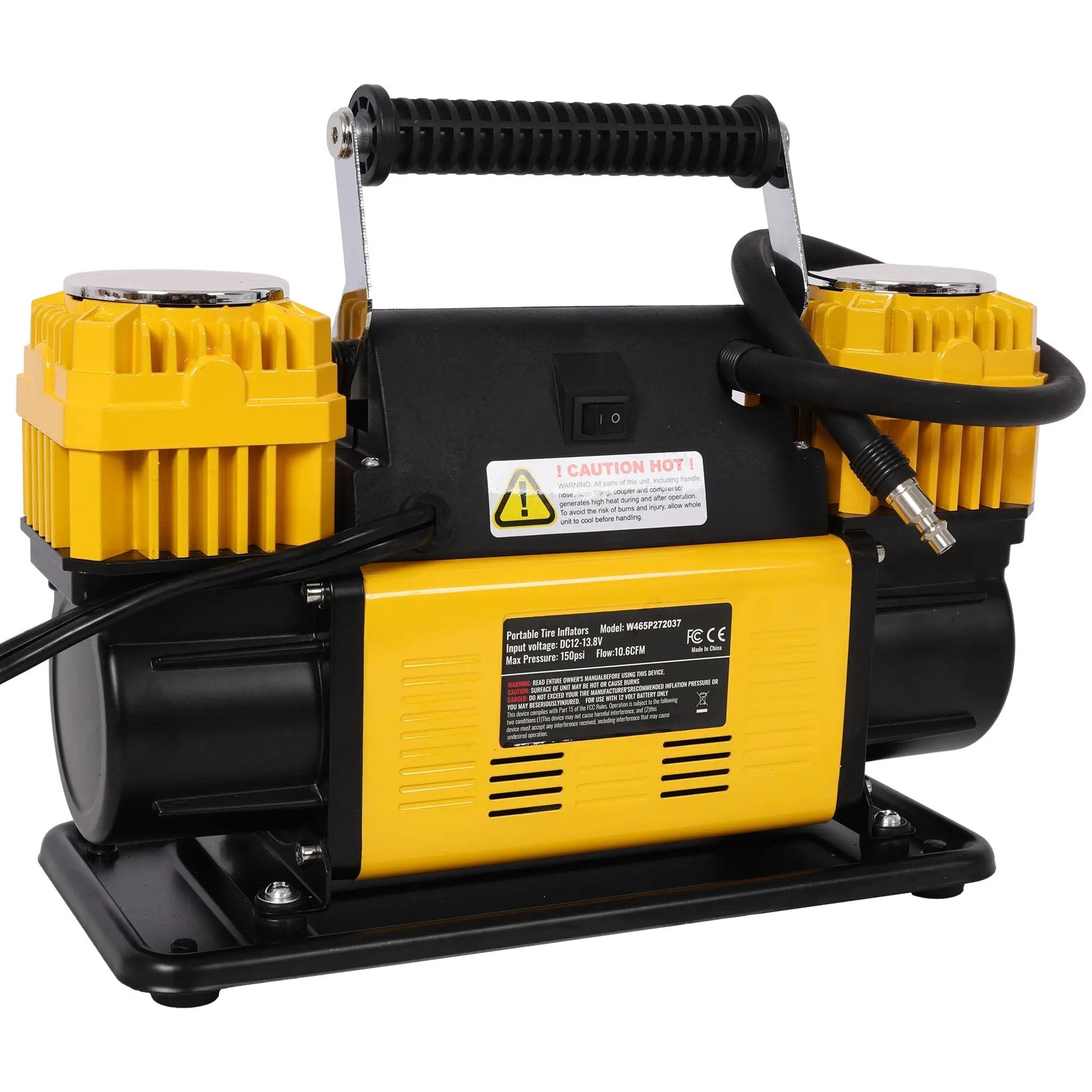 Heavy Duty 12V Dual Cylinder Air Compressor, Tire Inflator With Gauge - Yellow / Black by HouseOfZazla
