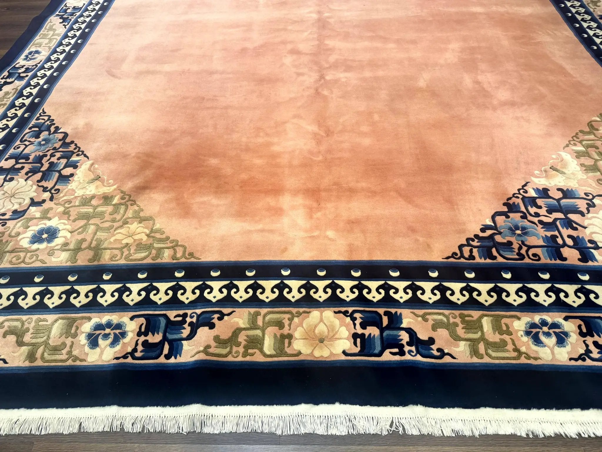 Chinese Wool Rug 11x18, Palace Sized Chinese Carpet, Peking Rug, Peach and Blue, Open Field, Simple Design, Art Deco Rug, Large Handmade Rug by Jewel Rugs