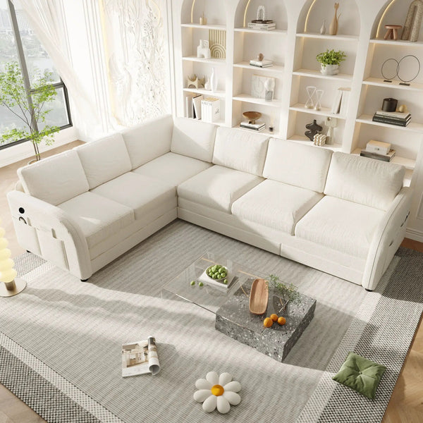 L-Shaped Couch With Pull-Out Bed, Convertible Sleeper Sofa With Side Pocket & USB Port