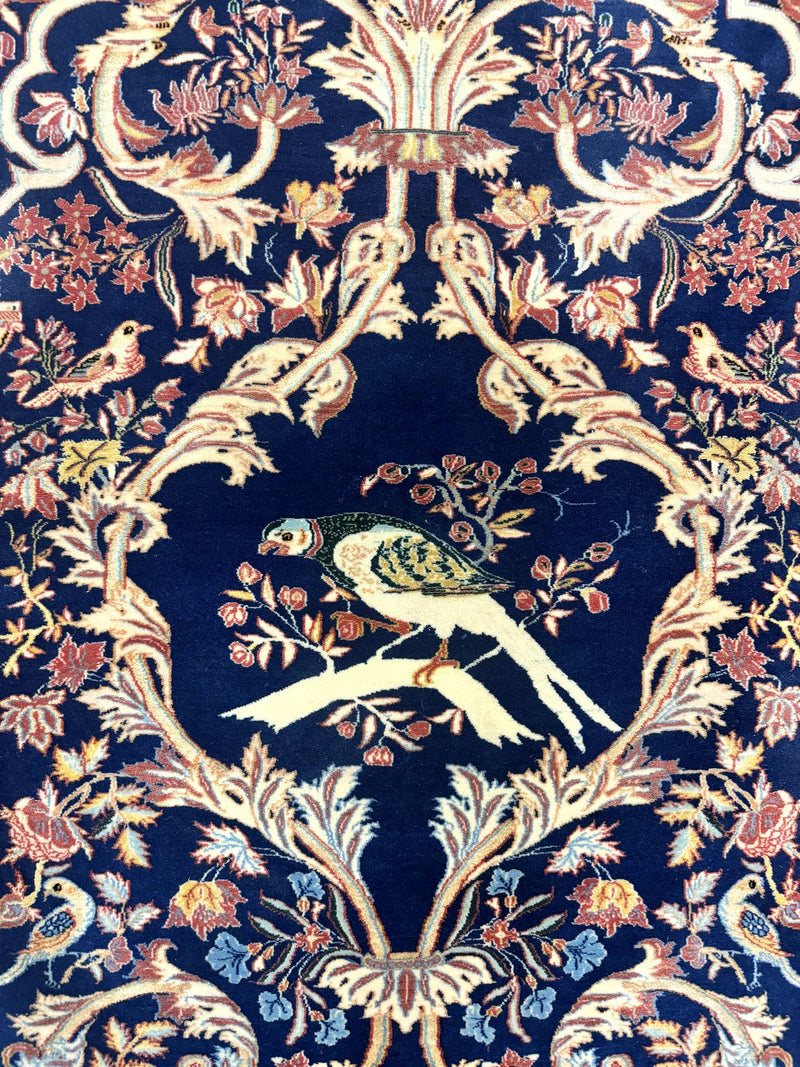 Persian Isfahan Rug 2x4, Birds, Navy Blue, Kork Wool on Silk Foundation, 460 KPSI by Jewel Rugs