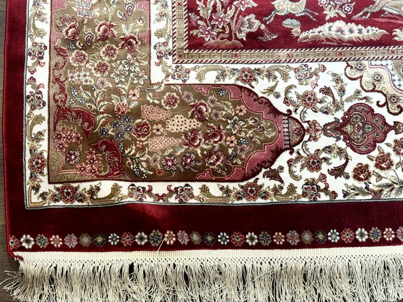 Turkish Silk Hunting Scene Rug 5 x 7.6, Red & Ivory, Bamboo Silk, New by Jewel Rugs