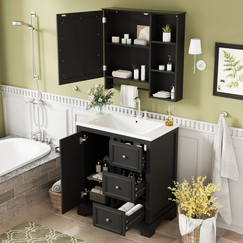 Bathroom Vanity With Sink, Modern Elegant Bathroom Storage Cabinet With 3 Drawers And Adjustable Shelves, Freestanding Vanity Set With Mirror Cabinet, Single Sink Bathroom Vanity by HouseOfZazla