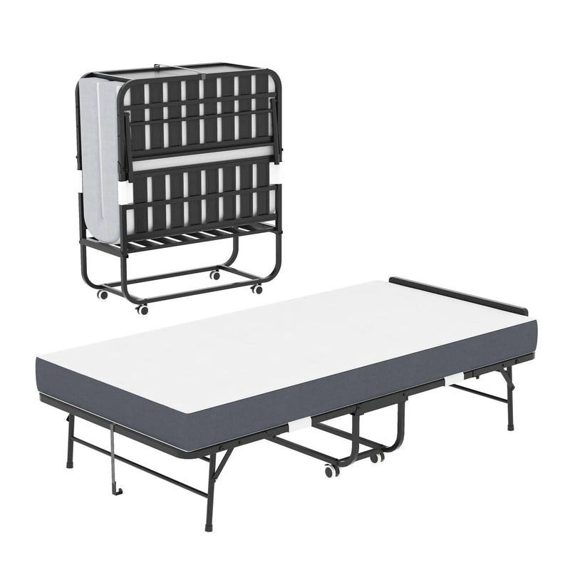Twin Folding Bed With Adjustable Headboard, Memory Foam For Tall People, Heavy-Duty Portable On Wheels, Easy Assembly - Black by HouseOfZazla