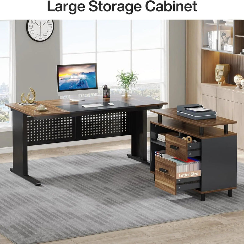 L-Shaped Executive Desk With File Cabinet, Office Workstation With Drawers, Shelves & Storage by HouseOfZazla