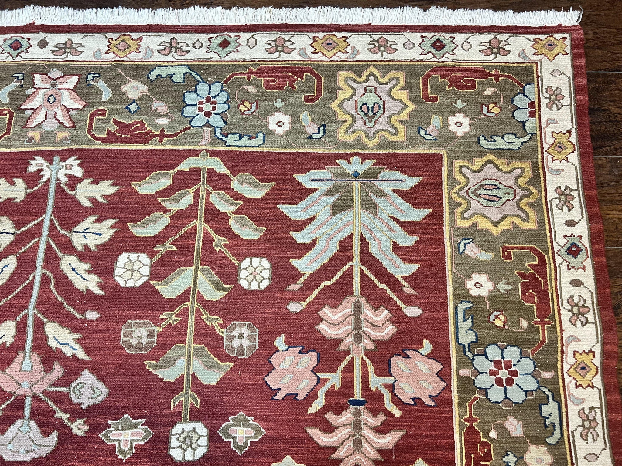 Indian Rug 10x14, Wool Hand Knotted Flatweave Carpet, Tree of Life, Red and Green by Jewel Rugs