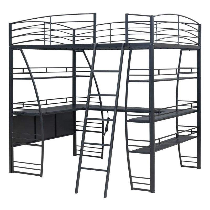 Loft Bed With 4 Layers Of Shelves And L-Shaped Desk, Stylish Metal Frame Bed With A Set Of Sockets, USB Ports And And Wireless Charging by Unique Piece Furniture