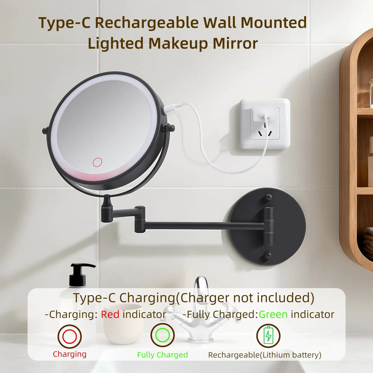 Rechargeable Wall Mounted Makeup Mirror 8'' Magnifying Mirror, photo 5 of 9