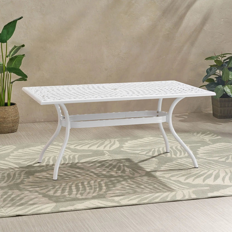 Celestine Outdoor Cast Aluminum Dining Table with Floral Lattice Design and Umbrella Holder by HouseOfZazla