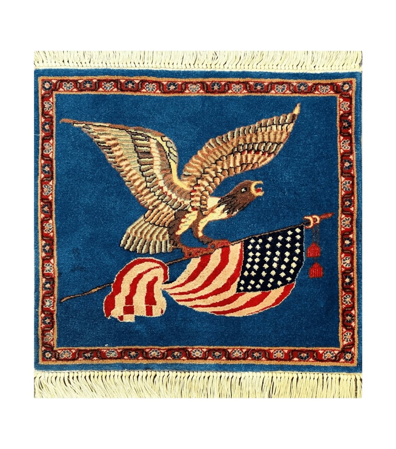Pictorial Rug of American Flag with Bald Eagle, Small Indo Persian Pictorial Rug, Blue, Handmade, Very Fine 330 KPSI by Jewel Rugs