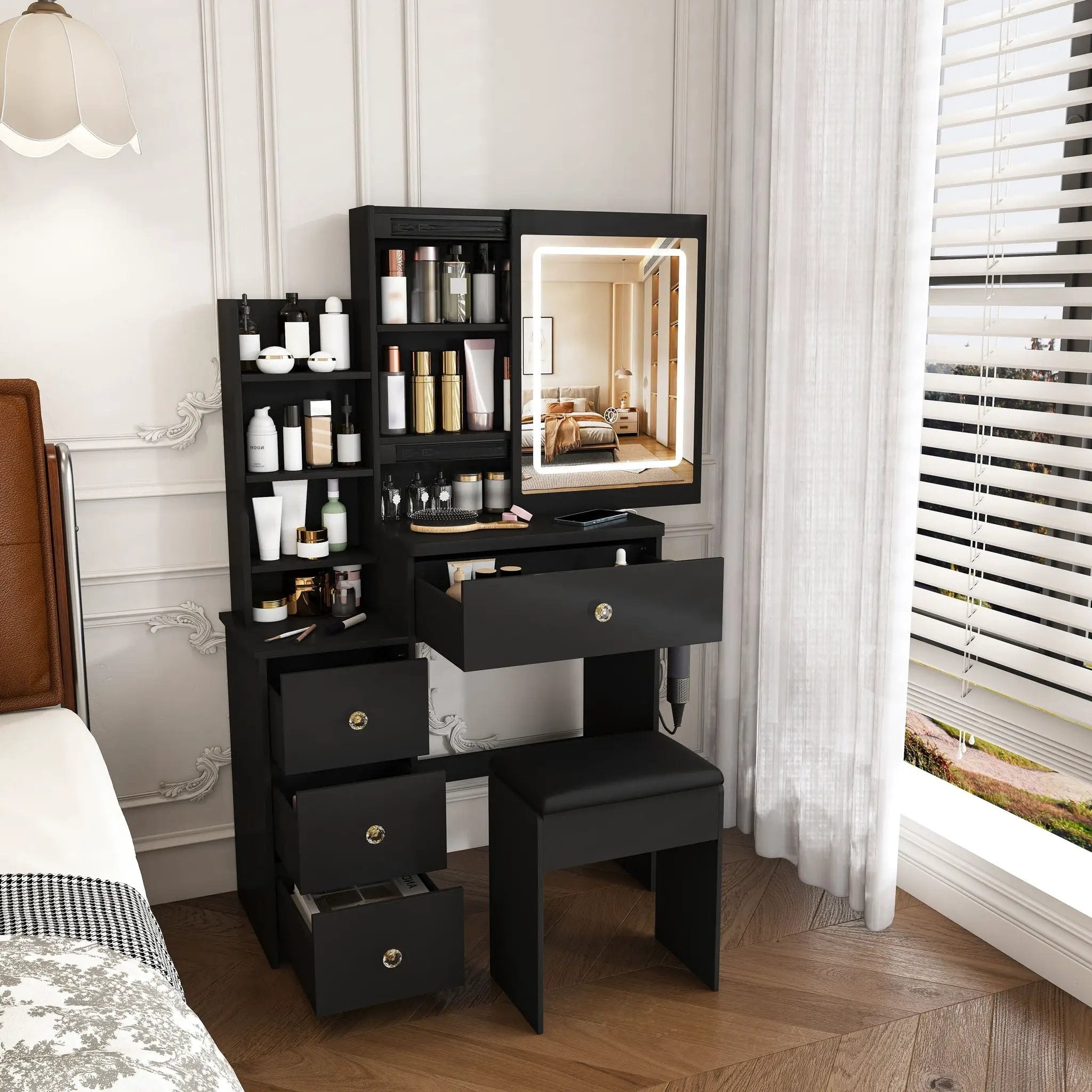 Vanity Desk With 3 LED Lighting Modes, 4 Drawers, Open Shelves, Hair Dryer Holder & Power Socket Dressing Table Set With Chair - Black by HouseOfZazla
