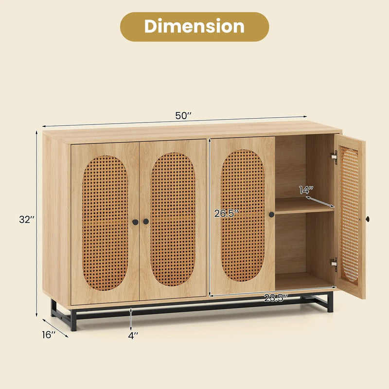50 Inch Buffet Sideboard Cabinet with 4 Rattan Doors and Adjustable Shelves-Natural by DirectDeals