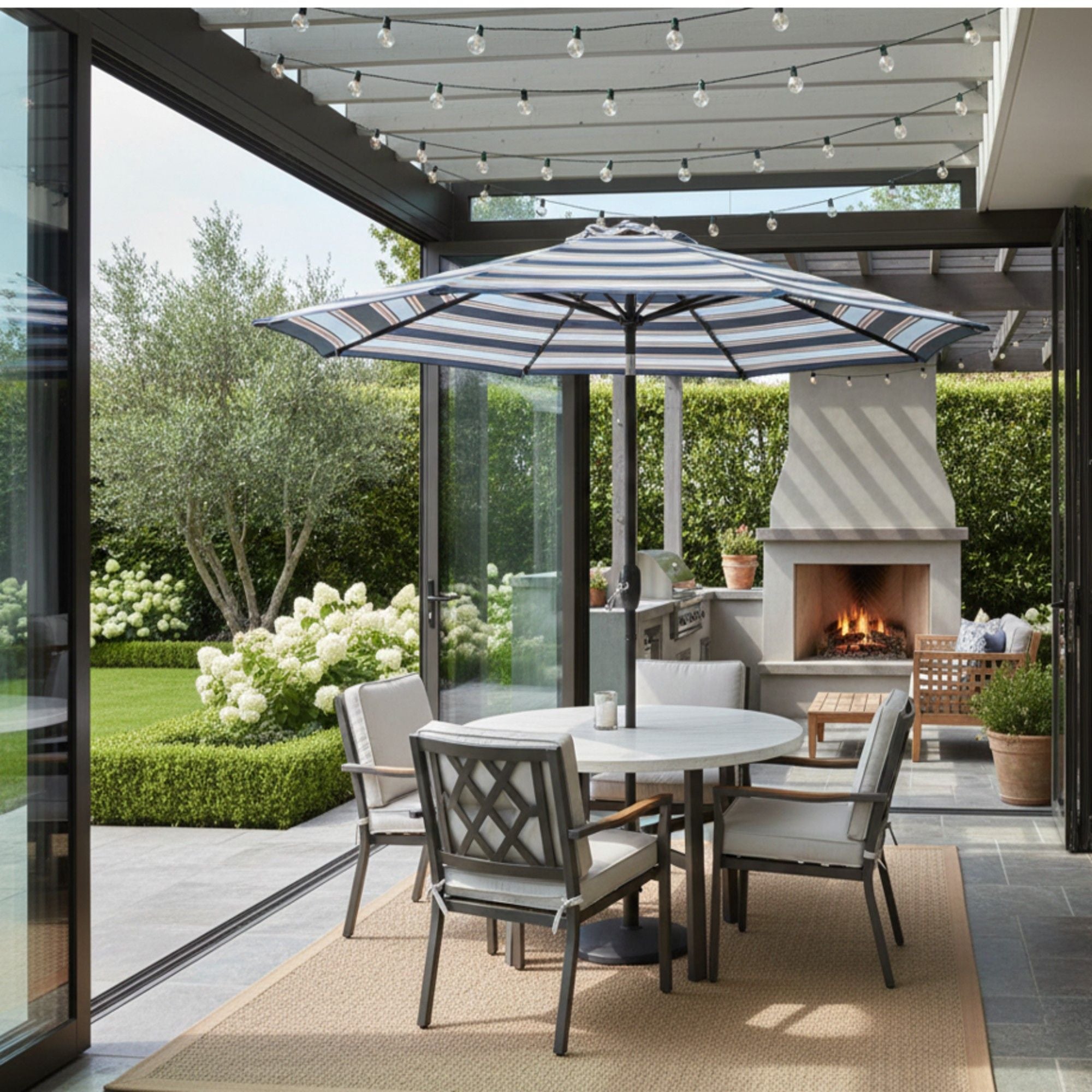 Patio Umbrella With Crank Lift & Push Button Tilt Frame, 200G / Sqm Solution Dyed Canopy - Blue Multi / Brown by HouseOfZazla