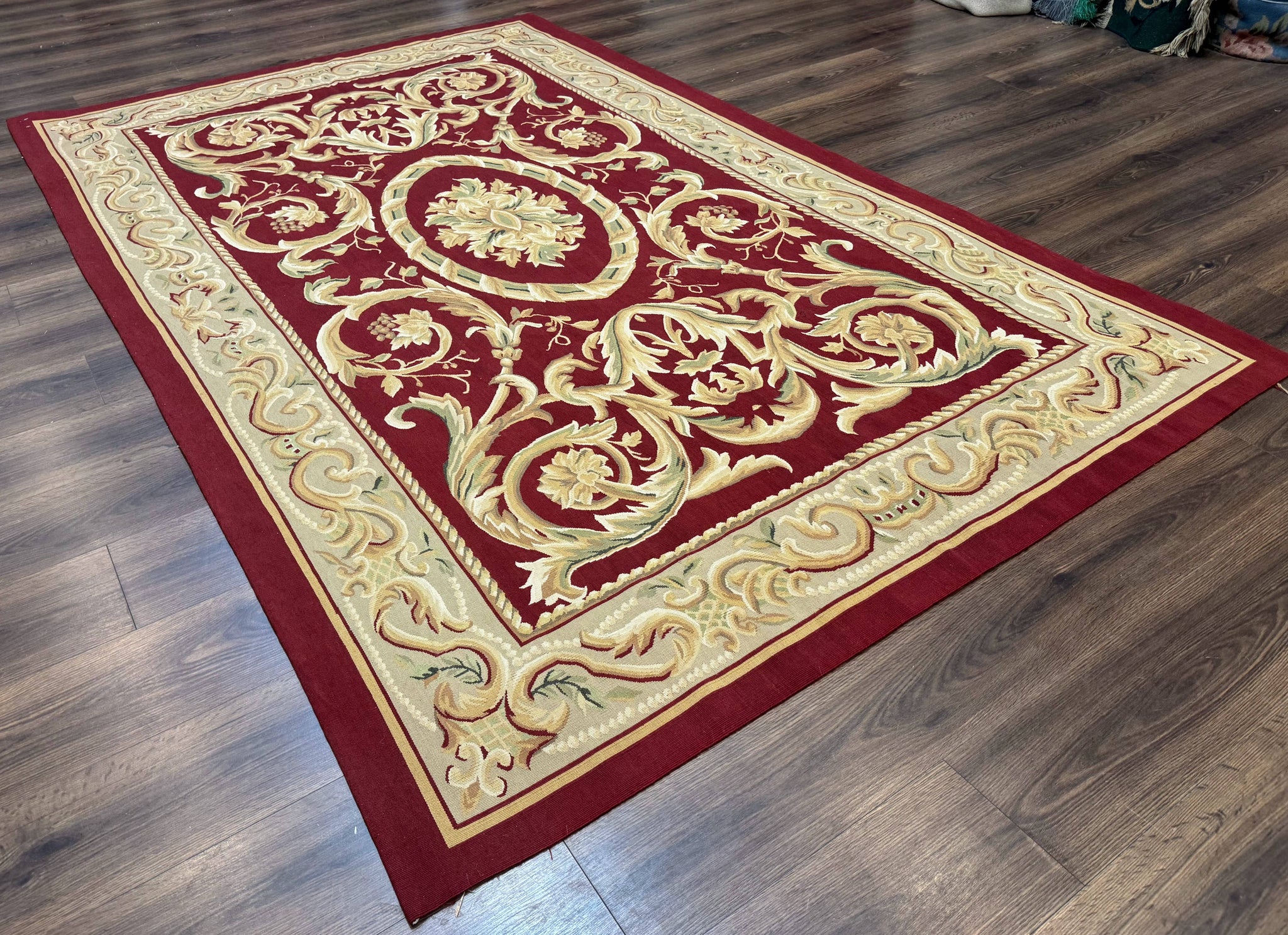 Burgundy Aubusson Rug 6x9, Vintage Wool Carpet by Jewel Rugs