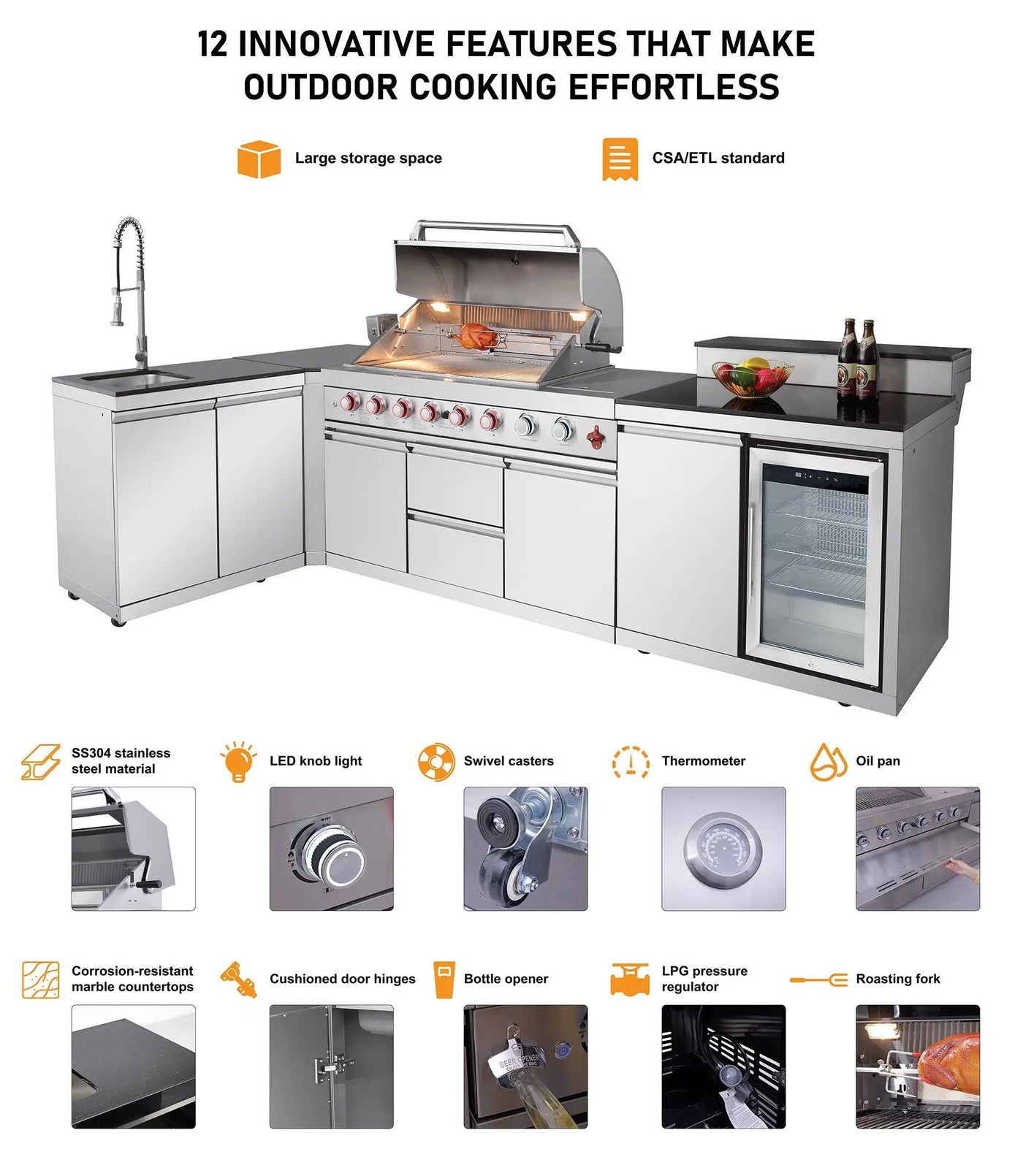 Outdoor Kitchen Island 85.2 Inch 4+1 Burner Propane Gas BBQ Grill 71500 BTU 304 Stainless Steel by HouseOfZazla