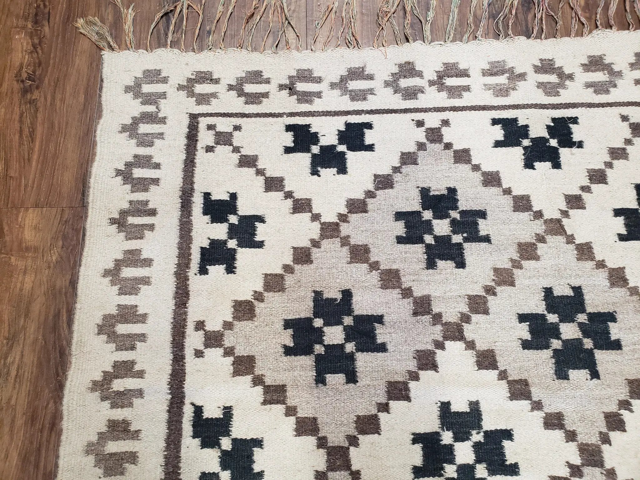 Semi Antique South American Blanket 4x8, Wool Hand-Woven Flatweave Kilim Rug, Handmade Antique Vintage Runner, Ivory & Blue, Diamond Panel by Jewel Rugs