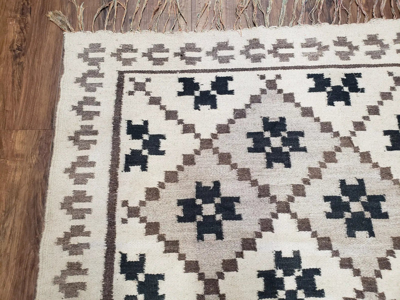 Semi Antique South American Blanket 4x8, Wool Hand-Woven Flatweave Kilim Rug, Handmade Antique Vintage Runner, Ivory & Blue, Diamond Panel by Jewel Rugs
