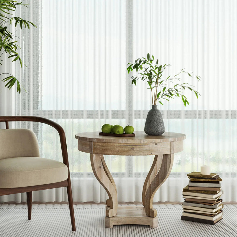 Curved Legs Farmhouse Style Small Size Round Dining Table End Table Side Table Coffee Table For Dinette, Kitchen, Dining Room Or Living Room - Natural Wood Grain Distressed by HouseOfZazla