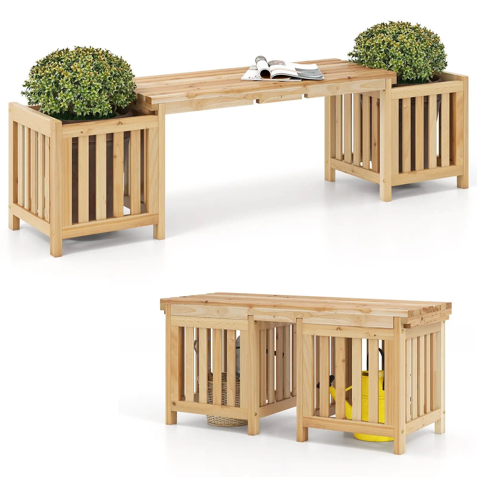 Patio Wooden Bench with Planter 2 Person Patio Bench-Natural by DirectDeals