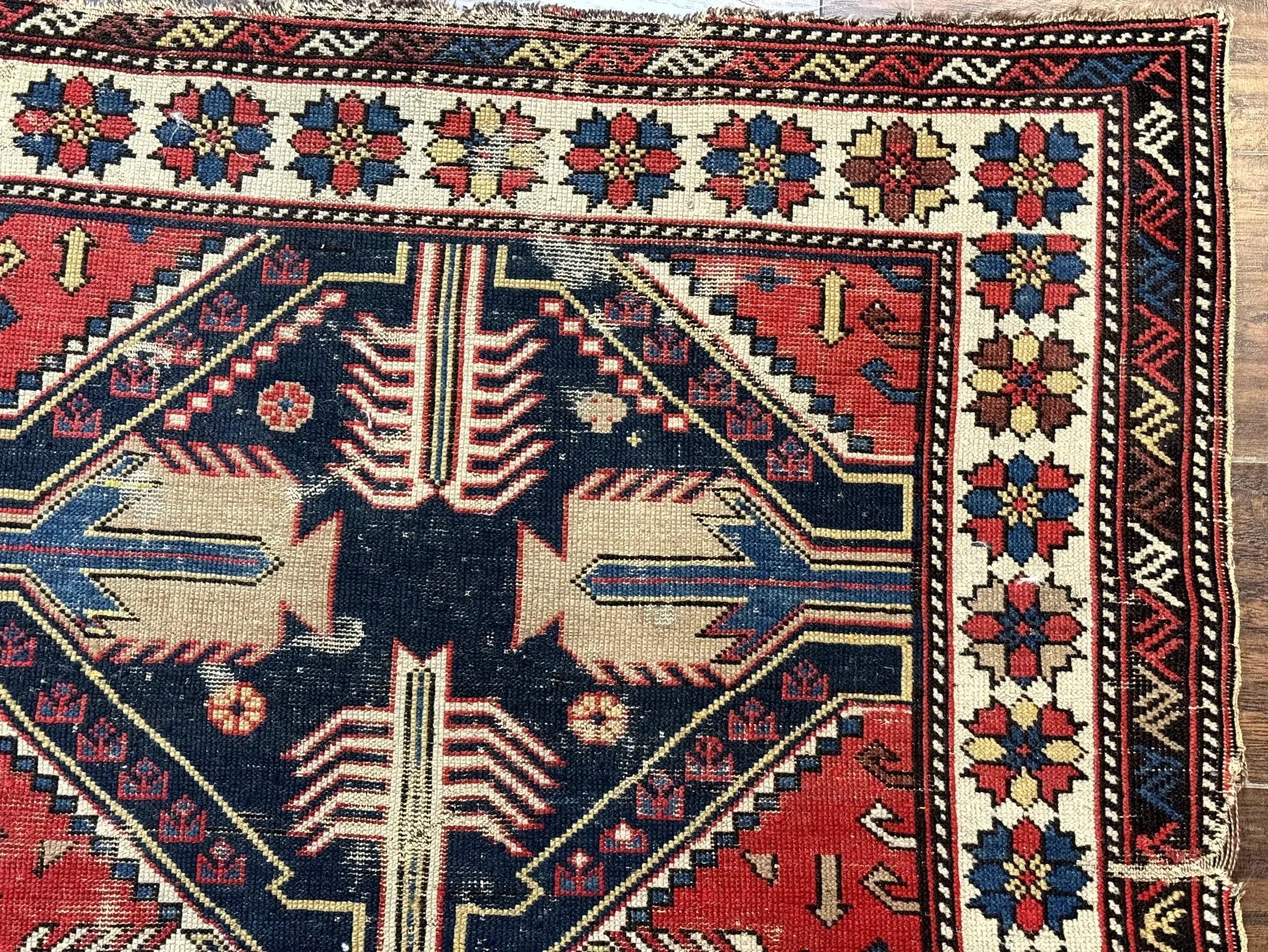 Antique Shirvan Caucasian Rug 3x5, Geometric Pattern, Red Navy Blue Beige by Jewel Rugs