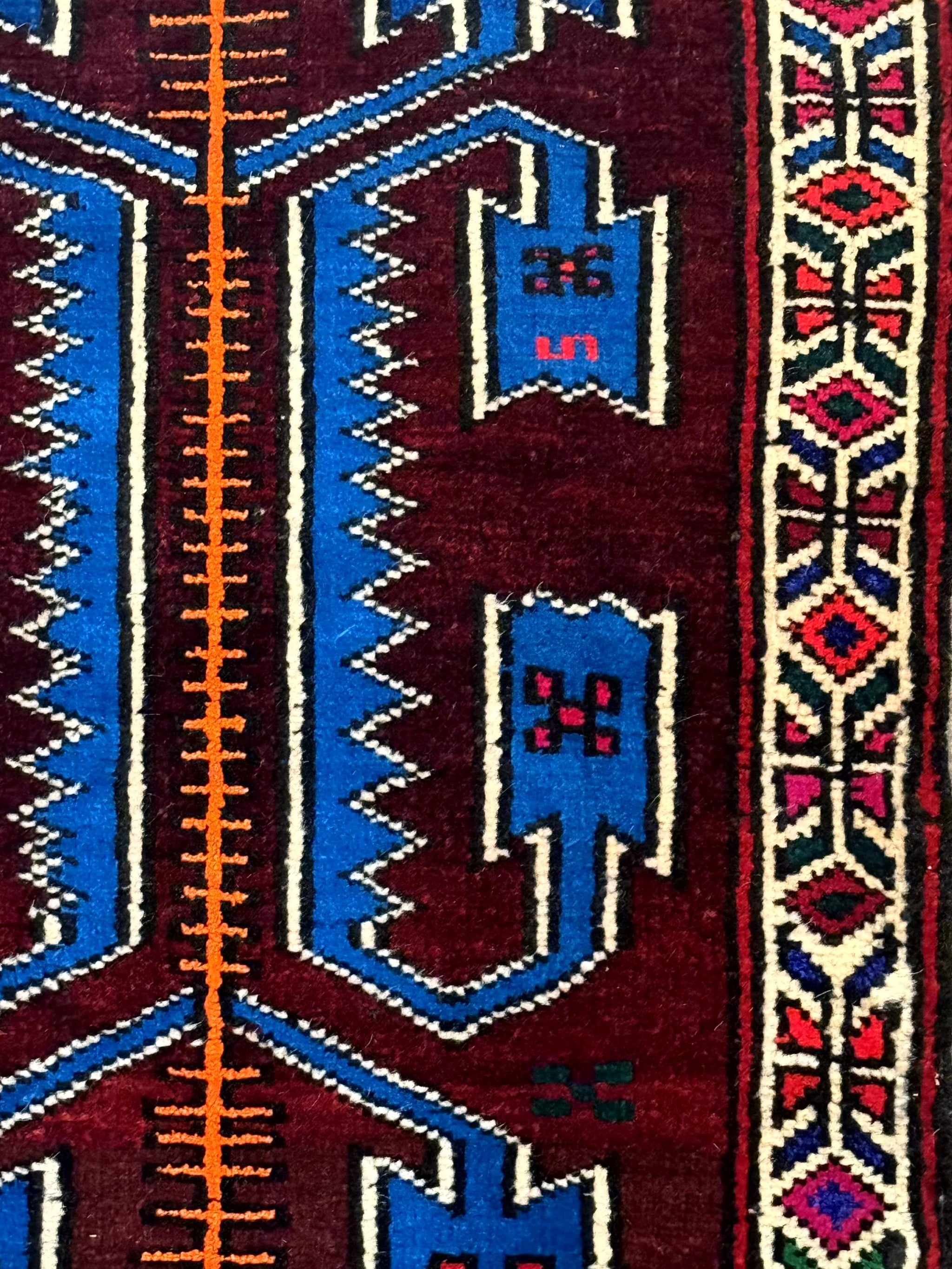 Persian Tribal Rug 1.8 x 2, Small Balouchi Rug, Unique Design, Burgundy and Blue by Jewel Rugs